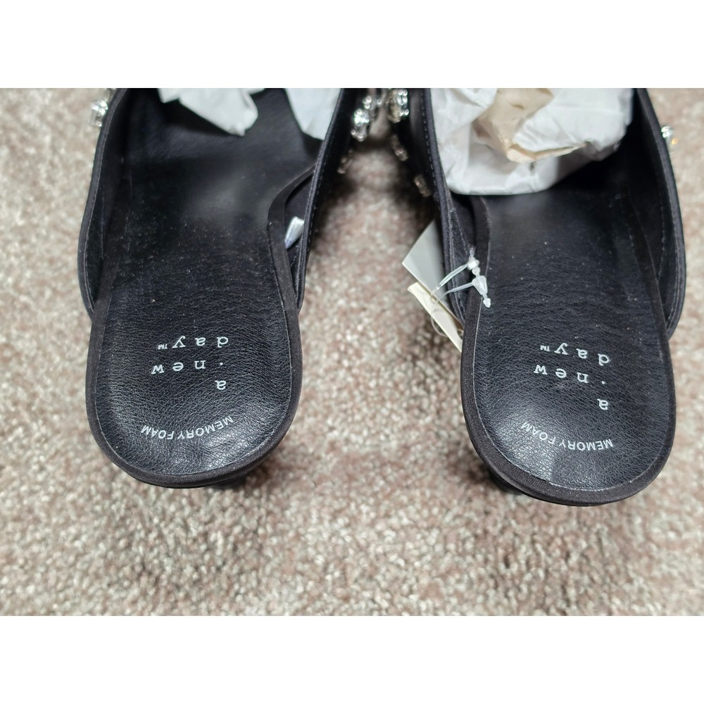 A New Day Katia Black Satin Rhinestone Pointed Toe Kitten Heel Mules Women 9 NWT - Picture 5 of 8